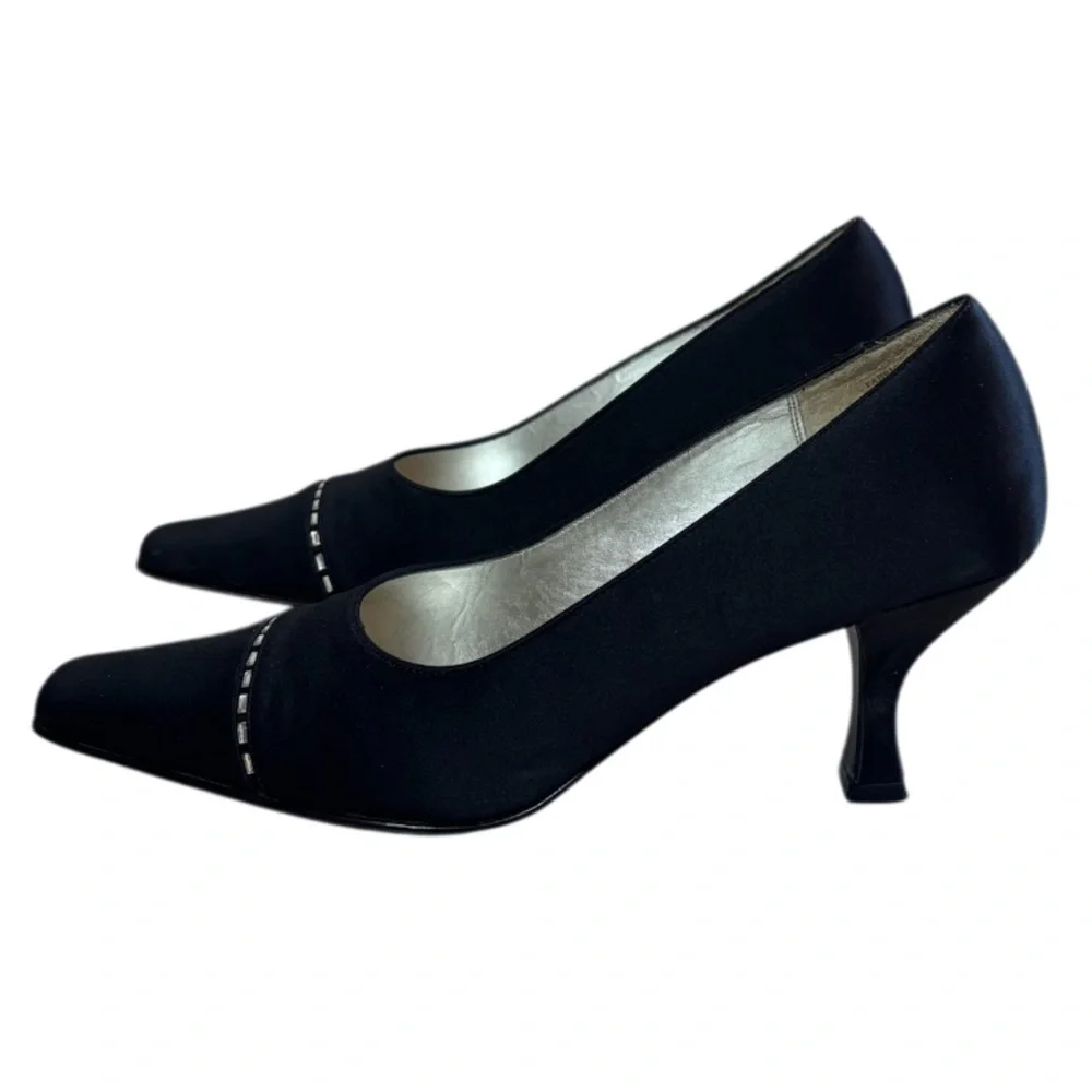 Elegant Pumps Vintage 90s Y2K Rhinestone Pointed Square Heel Black Silver Size 8